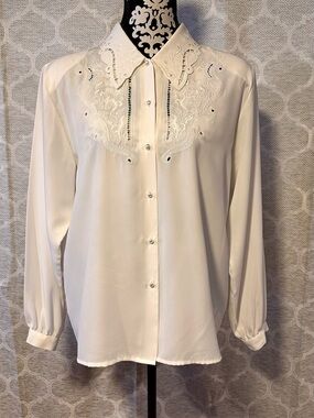Christie & Jill Vintage Lace Collar Embroidered Ivory Blouse size 14